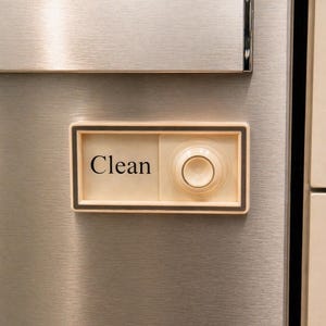 May include: A rectangular, off-white dishwasher magnet with the word "Clean" in black text. The magnet has a beige border and a clear, circular knob on the right side. It is mounted on a stainless steel appliance.