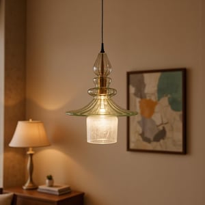 May include: A hanging glass pendant light with a green, ribbed shade and a clear, cylindrical bottom. The light fixture has a brass-colored accent and a clear, decorative top. The light is suspended from a black cord.