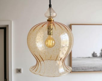 Lámpara colgante de campana de cristal moteado color oro champán, remate acanalado, aplique de techo de vidrieras