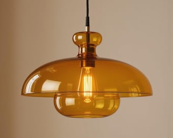 Lámpara colgante con cúpula de cristal ámbar en forma de hongo, lámpara colgante de estilo moderno de mediados de siglo.