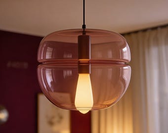 Lámpara colgante de techo de doble esfera de cristal color malva ahumado, diseño moderno.