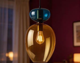 Lámpara colgante de vidrio soplado a mano: Lámpara de araña ovalada de color azul ámbar – Diseño artístico moderno