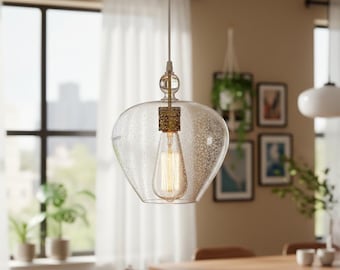 Lámpara colgante de techo con globo de cristal plateado moteado transparente y remate de latón.