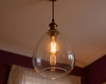 Lámpara colgante con pantalla de cristal transparente en forma de lágrima y bombilla Edison de latón antiguo, lámpara de techo tipo araña.