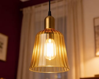 Lámpara colgante de cristal ámbar acanalado en forma de campana – Lámpara de araña moderna soplada a mano