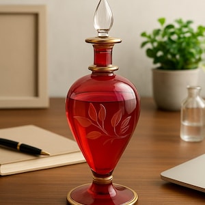 Può includere: Flacone di profumo in vetro rosso con tappo trasparente a forma di goccia e dettagli dorati. La bottiglia presenta un motivo a foglie inciso e poggia su una superficie di legno.