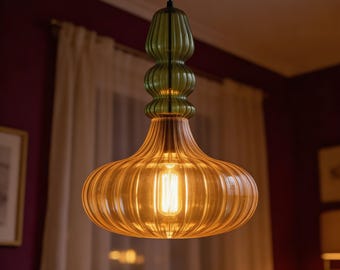 Lámpara colgante de cristal color ámbar con forma de calabaza acanalada, remate verde oliva, luminaria de techo de vidrieras.