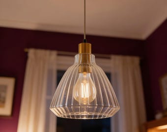 Lámpara colgante de campana de cristal estriado transparente – Iluminación geométrica moderna soplada a mano
