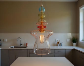 Lámpara colgante de cristal transparente acanalado, iluminación colgante de esferas apiladas, lámpara de araña estilo lámpara de lava.