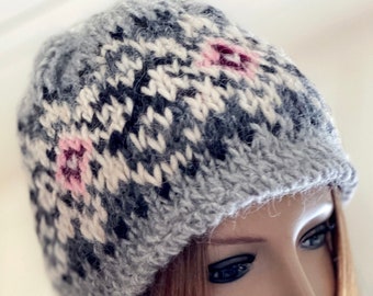 KNITTING PATTERN  - Mountain Rose Earflap Hat - Two English written patterns with charts for two variations of a cute warm winter hat.