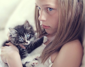 Girl & KItten - Norwegian Forest Cat - Cute - Pet - Sweet - Soft - Baby Animal - Art Photograph