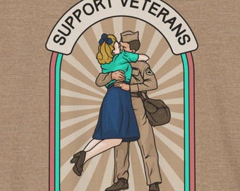 May include: A vintage-style illustration of a couple embracing, with the text "SUPPORT VETERANS" in a red, white, and blue arch above them. The image is set against a background of radiating lines.