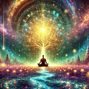 Op de afbeelding: Digitale kunst die een persoon in lotushouding toont onder een stralende boom, tegen een levendige kosmische achtergrond. De scène bevat planeten, vallende sterren en een veld van gloeiende bloemen, wat een spirituele en etherische sfeer creëert.
