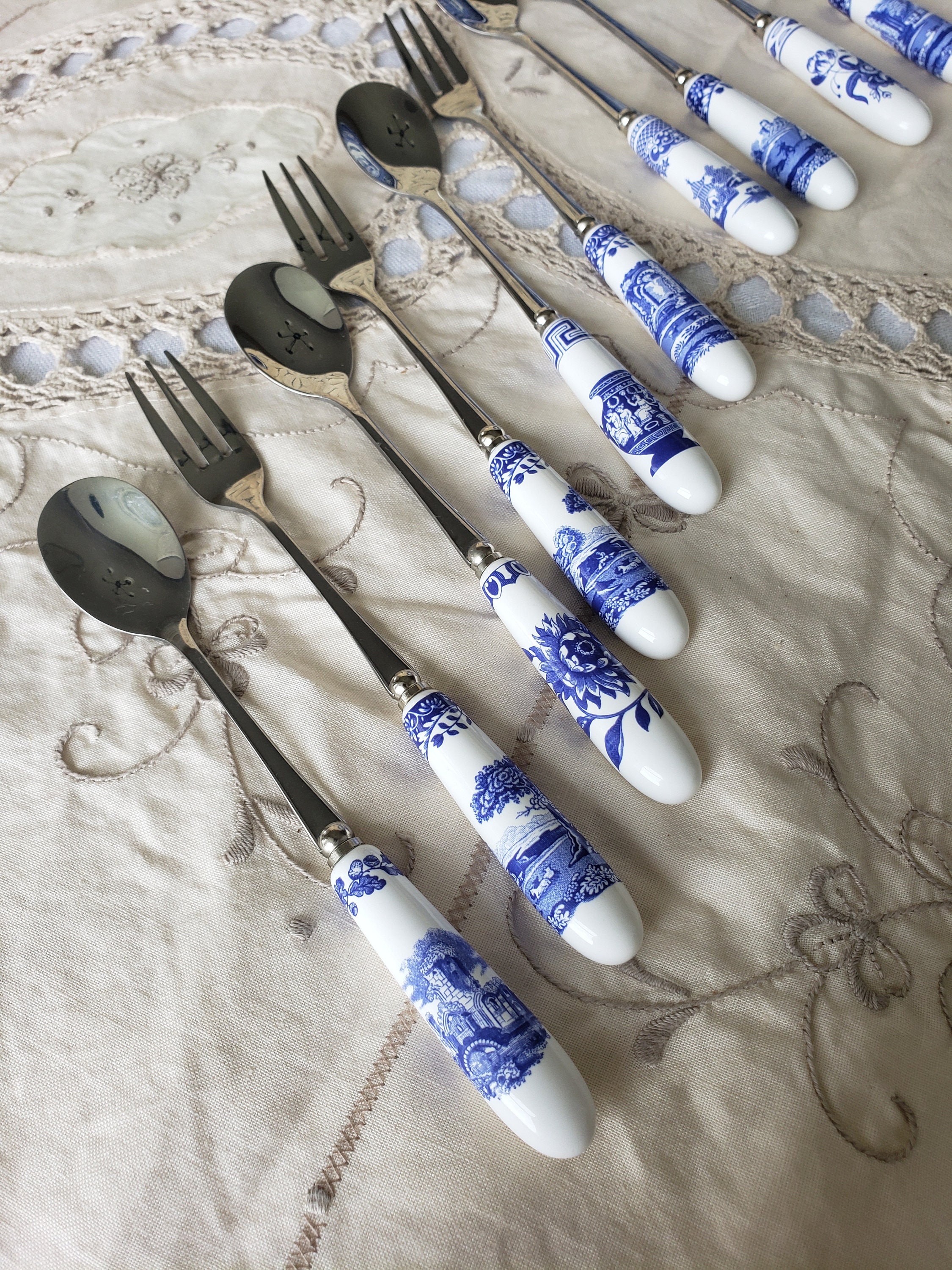 Vintage Spode Pastry Forks and Spoons Set of 10 Stainless Blue and