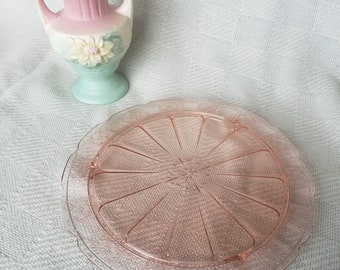 Pink Jeanette glass footed cake plate Pink Doric pattern