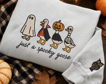 Halloween Goose Sweatshirt, Embroidered Spooky Goose Crewneck, Spooky Season Gift