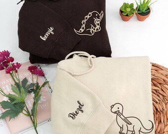 Embroidered Dinosaur Couple Hoodie: Matching Anniversary Gift