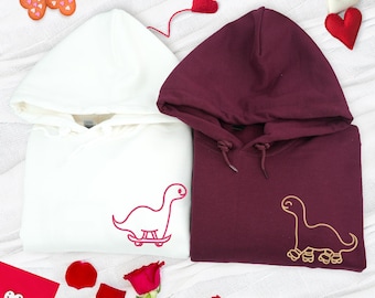 Embroidered Dinosaur Couple Hoodie: Skateboard & Roller Skate Brachiosaurus Sweater, Couple Gift for Anniversary