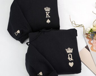 King and Queen Embroidered Couple Sweatshirt: Matching His and Hers Hoodie with Initials