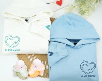 Embroidered Shark Heart Couple Hoodie, Matching Anniversary Hoodies, Matching Relationship Gift, Custom Date Sweatshirt