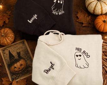 Embroidered Boo Couple Matching Hoodie, Matching Halloween Couple Sweatshirts, Cute Ghost Couples Gift, Spooky Season Outfit