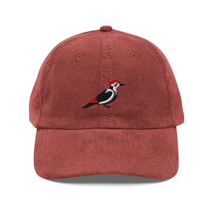Embroidered Woodpecker Vintage Corduroy Cap | Vintage Bird Hat | Nature Lover Gift | Birdwatching Aesthetic Hat | Forest Wildlife Dad Hat