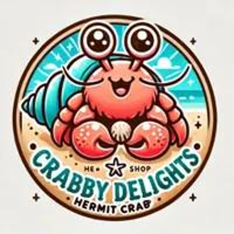 May include: A cartoon illustration of a smiling crab with large eyes and a shell, set inside a circular frame. The crab is orange and red, with a turquoise shell. The text "CRABBY DELIGHTS" and "HERMIT CRAB SHOP" are displayed.