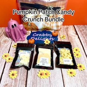 May include: A Pumpkin Patch Candy Crunch Bundle set featuring a pink ghost candle, three small black pouches containing white treats, beige powder, and dried apple pieces, and a blue sign labeled Crabby Delights with small orange pumpkins.
