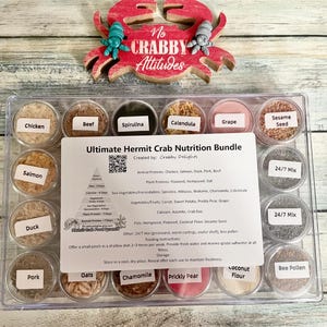 May include: A clear plastic container filled with small, labeled jars of hermit crab food. The labels include "Chicken," "Beef," "Spirulina," and more. A sign reads "Ultimate Hermit Crab Nutrition Bundle."