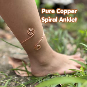 Ren kopparspiralfotlänk, handgjort justerbart dubbelspiralfotlänkarmband, boho minimalistiska smycken, present till henne med helig geometri