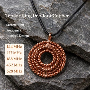 May include: A copper tensor ring pendant on a black cord. The text reads: Tensor Ring Pendant Copper, Sacred Cubit, Frequency, Inspired Design, 144 MHz, 177 MHz, 188 MHz, 432 MHz, 528 MHz. The pendant features a circular, twisted metal wire design.