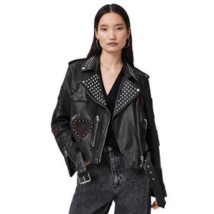 Women&#39;s Studded Black Leather Motorcycle Jacket – Cowhide Biker Style with Badges & Washed Finish