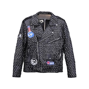 Men&#39;s Studded Leather Jacket with Spikes & Embroidery Patch – Designer Handmade Cowhide Biker Jacket, Custom Rock Punk Style