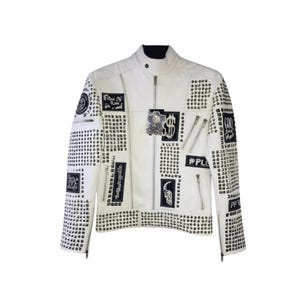 Men&#39;s White Studded Leather Jacket – Handmade Cowhide Punk Style | Slim Fit Biker Jacket with YKK Zippers | Custom Sizes Available