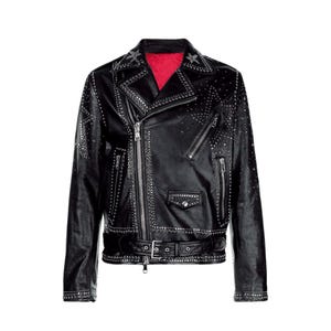 レディース スタッズ付きブラックレザーバイカージャケット | ハンドメイドスパイク牛革パンクモトジャケット | カスタムゴシックロックアウターウェア