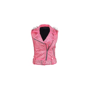 Women&#39;s Pink Studded Punk Vest – Heavy Spike Cowhide Leather Jacket, Biker Style, Punk Rock Festival Wear, Handmade Spiked Vest
