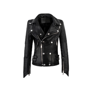 Meredith Women’s Biker Leather Jacket – Lambskin Moto Jacket with Zipper Cuffs & Snap Lapels