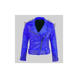 Blue Studded Cowhide Leather Motorcycle Jacket: Heavy Metal Punk