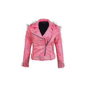 Women’s Pink Punk Studded Leather Jacket – Heavy Metal Studs Cowhide Biker Jacket