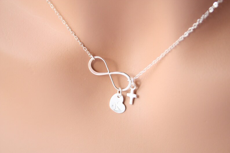 All Sterling Silver Infinity necklace engraved monogrammed charm with option you can choose more heart with tiny Cross and Heart