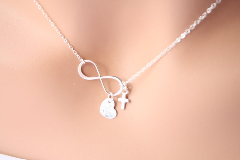 All Sterling Silver Infinity necklace engraved monogrammed charm with option you can choose more heart with tiny Cross and Heart