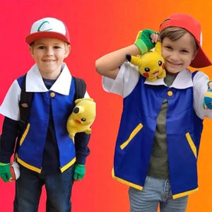Cartoon Anime Ash Ketchum Costume, Pokemonn Trainer Blue Jacket Hats Gloves, Costume For Boys Girls, Cosplay for Party