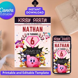 Bewerkbare Kirby verjaardagsuitnodigingssjabloon | Afdrukbare verjaardagsuitnodigingen, sjabloon kinderfeestje Kirby sjabloon verjaardagsuitnodiging