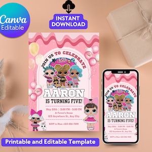 Faire-part d'anniversaire de petite poupée modifiable, faire-part de fête d'anniversaire de poupée rose, faire-part lolol, anniversaire d'enfant, faire-part d'anniversaire de petite poupée rose