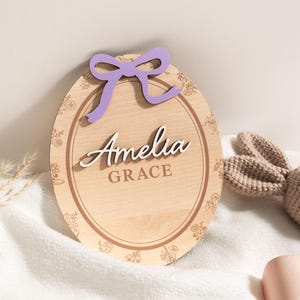Baby Name Sign, Girl Sign Purple Bow Baby Name Sign, Newborn Gift Birth Stat Sign, Baby Name Announcement Sign, Personalized Newborn Gift