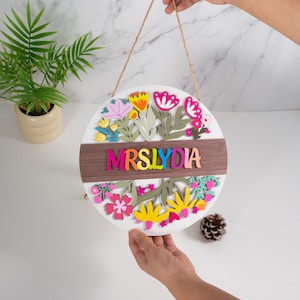 Aangepaste 3D-deurbord leraar, leraar geschenken, bloemen naambord leraar, teken waardering leraar, terug naar school cadeau, welkomstbord leraar
