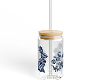 Botanical Bunny Sipper Glass: Floral Rabbit Drinkware with Straw