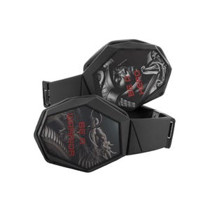 May include: Black headphones with a geometric design. The earcups feature a graphic print of a dragon with the text "BE A WARRIOR" and a warrior with the text "BE A HERO".