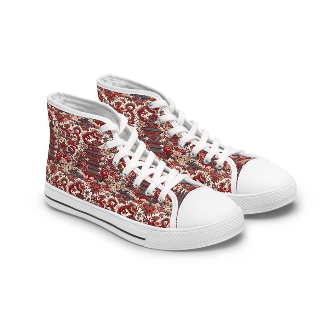 Red Chinese Dragon Floral Print Men's Low Top Shoes