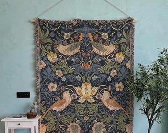 William Morris Style Bird Tapestry, Vintage Floral Wall Hanging, Dark Boho Woven Blanket, Cottagecore Home Decor
